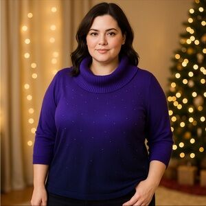 Essentials Women’s 1X Purple Ombre Rhinestone Cowl Neck Sweater 3/4 Sleeve